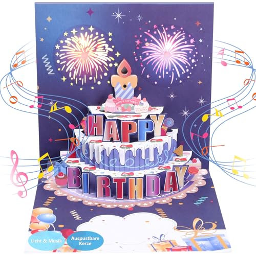 LIHAO Geburtstagskarte Frau Geburtstagskarte mit Musik und Licht Geburtstagskarten Pop Up Karte Geburtstag Mann Geburtstagskarte LED Blowable Kerze Happy Birthday Geschenk (Blau)