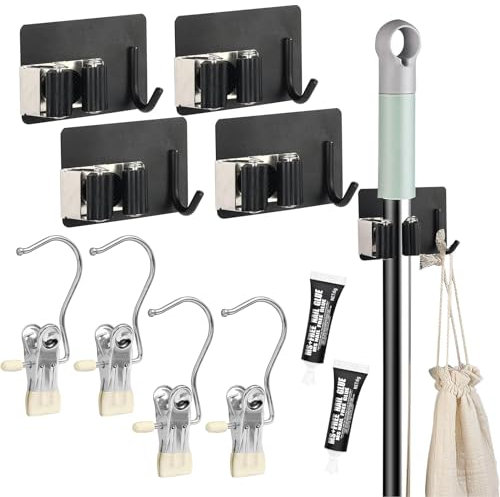 4 Stainless Steel Mop Broom Holder, Sweeping Brush Hook Organiser Tidy Tools, Broom Organizer Storage Tool, Damage Free Hanging Wall Mount Mop Holder for Home Kitchen Room