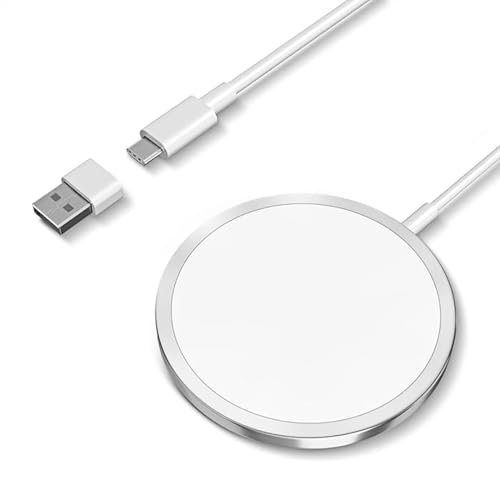 Yuexitech Wireless Charger with USB Adapter to USB C 15W Max Fast Charger Compatible with Apple iPhone 15/14/ 13/12 Series/AirPods 3/2/ Pro/Pro 2 Magnetic Wireless Charger-White