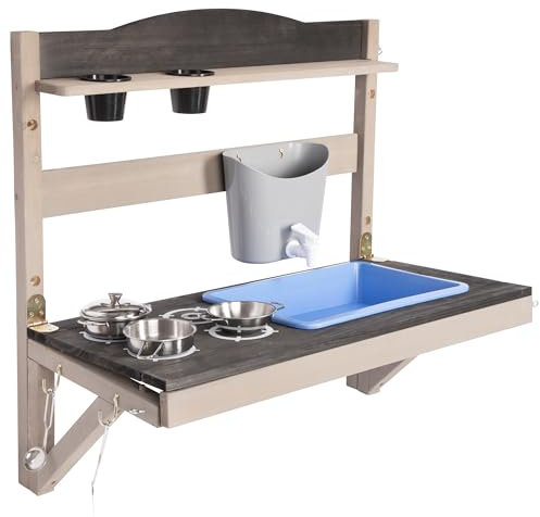 ONVAYA® Hänge-Matschküche ǀ faltbar ǀ Grau ǀ für Outdoor und Indoor ǀ wetterfest ǀ mit Edelstahl-Kochset ǀ Matschküche für den Garten