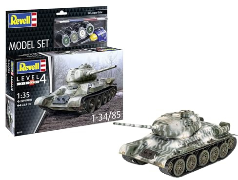 Revell Modellbausatz T-34/85 | Berühmter sowjetischer Panzer des WWII | Sehr detaillierter Bausatz mit 85-mm-Kanone, drehbarem Turm & Spritzgusskette | Inkl. Kleber und Pinsel