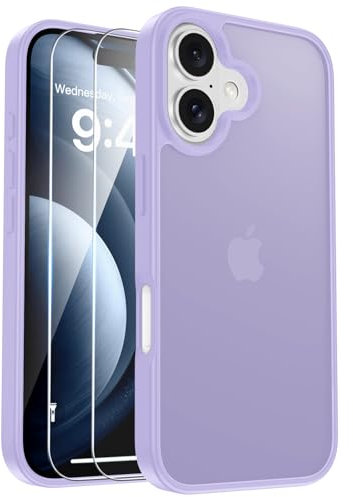 Kmofizle Handyhülle für iPhone 16 Hülle mit Schutzfolie, [Transluzente Matte] Stoßfeste Kratzfeste Schutzhülle, [Anti-Fingerabdruck] rutschfeste Handyhülle iPhone 16 6.1, Lila
