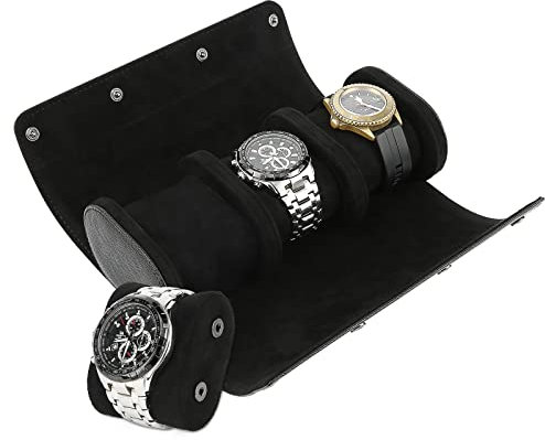 BAIGIO Tragbar Uhrenbox Uhrenrolle mit Uhrenkissen, Travel Watch Box Case, PU-Leder Uhrenaufbewahrung Reise Uhrenkasten Uhrenetui 3 Fächer Uhren Aufbewahrungsbox Uhrenkoffer für Damen Herren, Schwarz