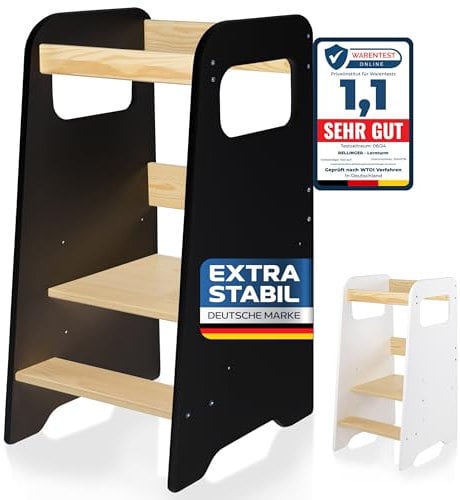 Rellinger® Lernturm ab 1 Jahr [EXTRA KIPPSICHER] - inkl. Montagezubehör - Lernturm Montessori - Montessori Lernturm höhenverstellbar (bis zu 50kg belastbar) - Learning Tower 3 Level - Kinder Lernturm