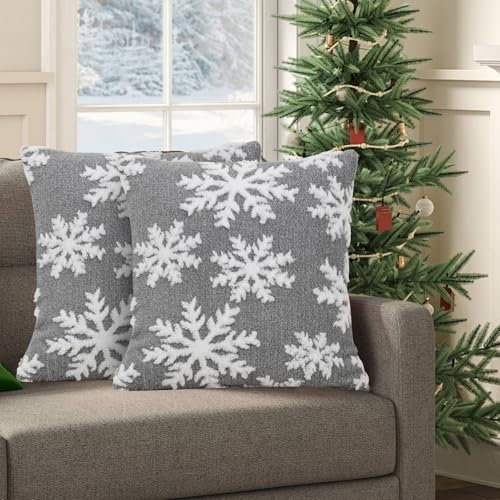 Kissenbezug Weihnachten 2 Stück, Weihnachtskissenbezug 45x45 cm, Weihnachtsdeko Kissenbezüge 45x45 cm, Weihnachts Kissenhülle Kissenbezug Winter, Weihnachtsdeko Innen Aesthetic (Schneeflocken Grau)