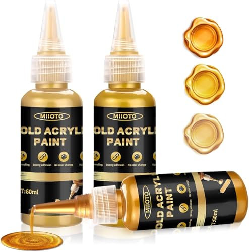 Vernice Acrilica Metallizzata, Colori Acrilici Acrilico Oro, Vernice Dorata Metallizzata, Colori per Ceramica, Foglia D'oro a Base D'acqua Fai da Te Lapidi, Metallo, Legno, Mobili, 3Pcs