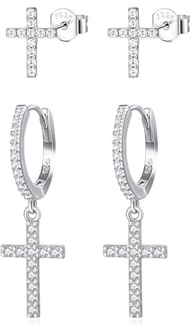 Hinvan 2 Paires Boucles d'oreilles Croix pour Femme Homme Clous d'oreilles, Boucles d'oreilles Homme Croix, Boucles d oreilles Pendantes Femme, Boucles d oreilles Diamant Anneaux Créoles Argent 925