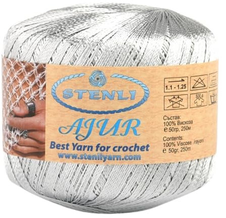 Viscose Garn Hellgrau Silber mit Glitzer Zum Häkeln und Sticken 1 mm, 50 gr, 250 m