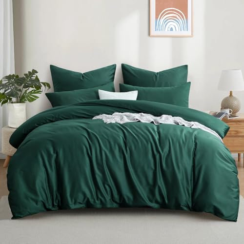 Aisbo Bettwäsche 200x200 Baumwolle Dunkelgrün - Bettwäsche-Sets Bettbezug 200x200 3teilig mit 2 Kissenbezüge 80x80 cm, Baumwollbettwäsche Set, Oeko-TEX Bettwäsche Grün mit Reißverschluss