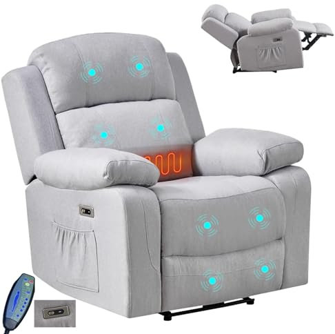 LSLIFE Recliner Armchair with Massage & Heat Electric Recliner Armchair Lazy Boy Recliners for Elderly Recliner Chair with Adjustable Footrest Backrest, USB Ports, Dual Side Pocket (Grey)