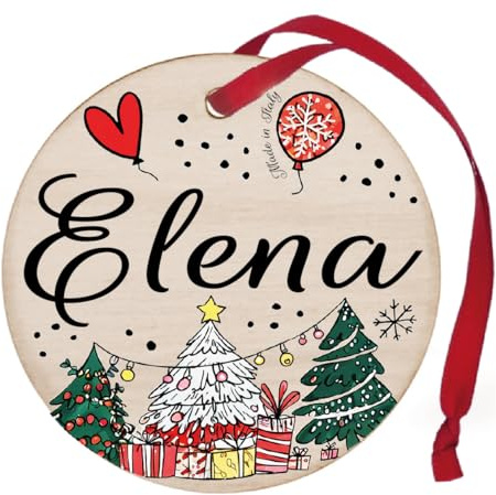 Cerchio in legno Palla albero natale personalizzata nome Nome Elena, Decorazione Natalizia in legno made in Italy, cerchietto nastro rosso da appendere alla porta da 8 cm (legno, Elena)