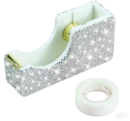 Buqoo Silver Bling Crystal Tape Dispenser, Sparkly Desktop Adhesive Tape Dispenser Cutter with Tape for Desk, Glitter Tape Holder Cutter Rhinestone for Office School