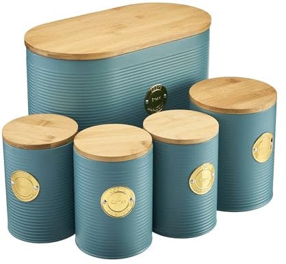 Cooks Professional 5 Piece Ribbed Tea Coffee Sugar Bread & Biscuit Cannisters with Air-Tight Bamboo Lids | Stainless Steel Kitchen Storage Bin Set | Modern & Stylish | Teal & Gold