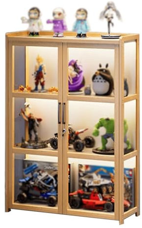 Glasvitrine mit Led Beleuchtung Abschließbar Staubdichte Figurenvitrine mit Doppeltür Hochauflösende Spielzeugvitrine mit Großer Kapazität für Action Figuren Spielzug, MiniFiguren(Brass,60x32.4x106cm)