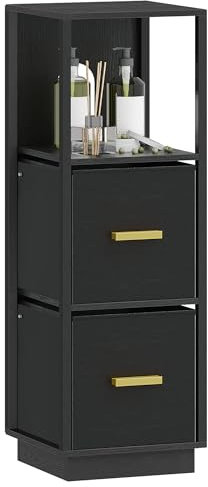 Hzuaneri Badezimmerschrank, Badregal mit 2 Schubladen, Schmaler Aufbewahrungsschrank, Multifunktionaler Badschrank, für Badezimmer Wohnzimmer, Schlafzimmer, Schwarz 30 x 30 x 89,6 cm BC17204B