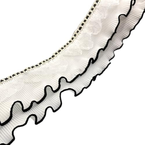 Whakano 3 Yards Plissee Spitzenband 8cm Breit Dekoband,Rüschen Chiffon Spitzenbesatz,Spitzenborte Zum NäHen,Band ür DIY Handwerk,Kleidung,Geschenkverpackung,Scrapbooking,Weiß Schwarzer Rand