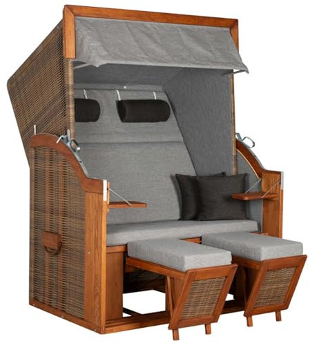 MR. DEKO® Strandkorb Tinnum Pinie PE griseum Dessin 573 Volllieger | Strandstuhl Liegestuhl Pinienholz | inkl. 4 Kissen | Strandkörbe für Garten, Wintergarten und Terrasse