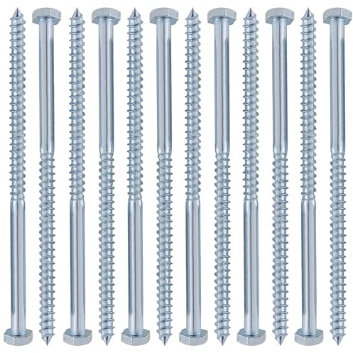 QISF Lot de 12 vis tire-fond M10 x 300 mm – Boulons de traverses ferroviaires robustes à tête hexagonale zinguée pour fixations en bois sur béton, pour support de clôture, étagères