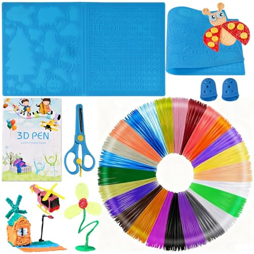 Faburo 3D Stift Filament Set, 3D Stift Zubehör mit 1.75mm PLA Filament, 25 Fluoreszierende Farbe je 5M und Zeichenwerkzeuge Silikonmatte Blau Groß, 3D Druckerstift Filament - 3D Stifte nicht Enthalten