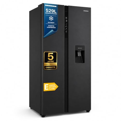 HEINNER HSBS-HM529NFBKWDE++ Side-by-Side Kühlschrank – 529 L, Energieklasse E, Frost-Free, LED-Display, Multi-Air Flow, verstellbare Ablagen, Zwarte, inkl. 5‑Jahres-Garantie (Zwarte, 529 Liter)