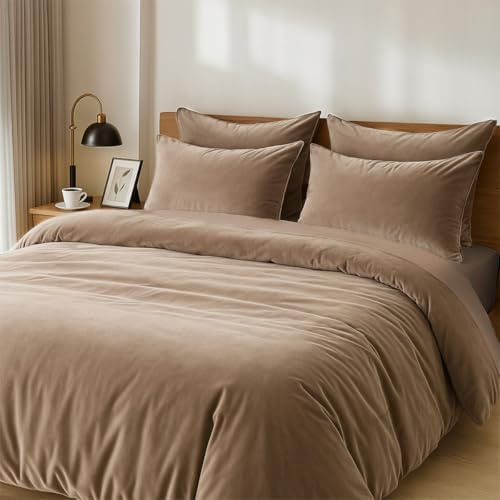 Lanqinglv Plüsch Bettwäsche 155x220 Flauschig Winterbettwäsche aus Biber Flanell,Warme Cashmere Touch ÖKO-TEX Bettwäsche Set Khaki Bettbezug mit Reißverschluss und 1 Kissenbezug 80x80