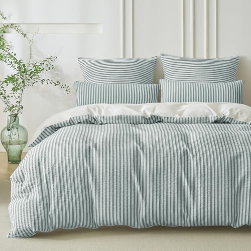 SOULFUL Bettwäsche 155x220 Baumwolle Gestreift, Jacquard Gewaschene Baumwolle Boho Bettwäsche-Sets mit Reißverschluss Öko-Tex 100 Zertifizier, Dunkelgrün