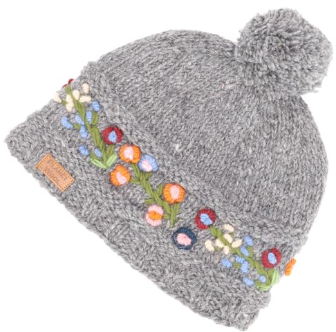 GURU SHOP Bestickte Bommelmütze, Strickmütze aus Schurwolle, Nepalmütze | Wärmende Schurwolle, kuscheliges Fleecefutter, handgestrickt, Unisex, fair gehandelt, Kopfumfang 52-60 cm