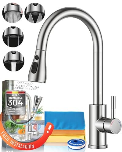 BRAVELL Grifo Cocina Extraible Acero Inoxidable 304, Instalación Muy Fácil