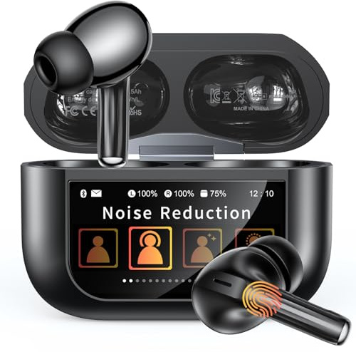 ZZU Kabellose Bluetooth Kopfhörer mit Smart Touchscreen, 48 Std. Laufzeit, Bluetooth 5.4 In-Ear Ohrhörer mit ANC & ENC Geräuschunterdrückung, 5 EQ-Modi, HiFi Stereo, IPX7 Wasserdicht Schwarz