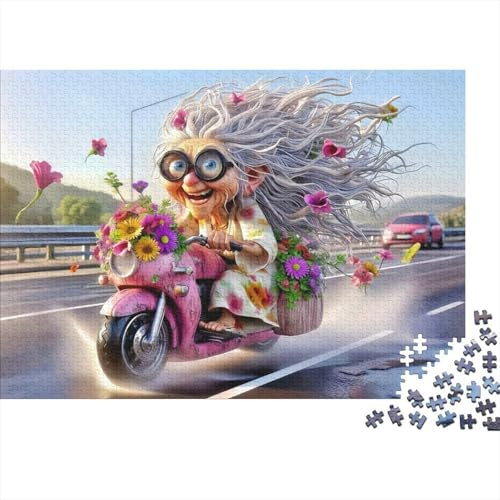 Funny Grandma Riding Scooter Jigsaw Puzzle for Adults 1000 Piece Jigsaw Puzzle Cartoon Highway Scene Relaxation Gift Family Focused Paper 70x50cm/1000pcs