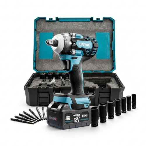 GJEMAX Akku-Schlagschrauber Set - 18V, 520 Nm, 6 Ah Akku, Koffer-Set | 18 V | 520 Nm | Brushless | 6 Ah Akku | Schnellladegerät | Bohrfutter-Adapter | Stecknuss-Set | Komplettset mit Koffer