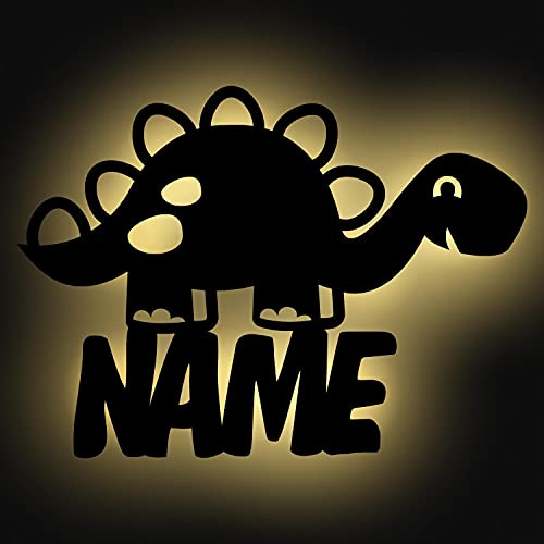 Schlummerlicht24 personalisierte Dino-Mimmi-Lampe aus Holz mit LED | Mit Wunschname – als beleuchtete Kinderzimmerdeko und Geschenk für kleine Dinosaurierfans.