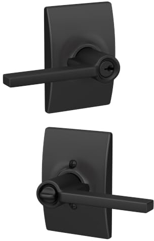 Schlage F51A LAT 622 CEN Century Collection Latitude Entrance Lock Lever, Matte Black | Keyed entry lever door handle with turn-button lock, Easy to install, Certified security & durability, Universal fit, 2 keys