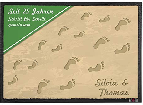 Cera & Toys® Fußmatte zur Silbernen Hochzeit mit Fußspuren im Sand 50 x 70 cm