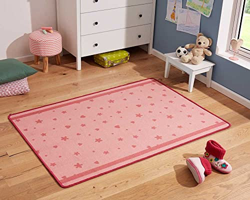 Zala Living Sterne und Herzen Kinderteppich, Polyamid, Rosa, 140 x 100 x 0,8 cm