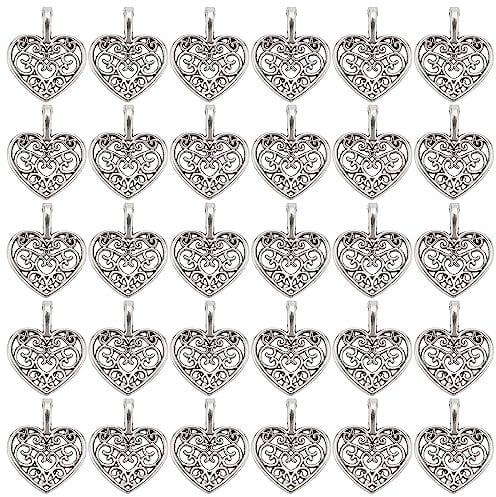 PH PandaHall 100pcs Heart Charms Silver Charms, Hollow Heart Pendants | Necklace Charm, Tibetan Alloy, Love Charm for Mother's Day Jewellery Making Anniversary Wedding Party Decor, 18x15mm