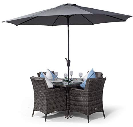 Savannah Rattan Dining Set | Square 4 Seater Grey Rattan Table & Chairs Set with Ice Bucket Drinks Cooler | Outdoor Poly Rattan Garden Dining Furniture Set with Parasol & Cover