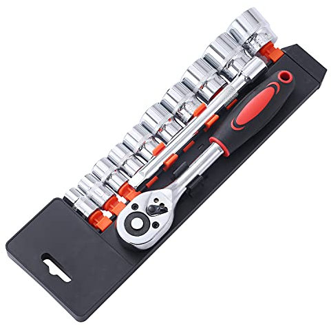KATSU Set di Chiavi a Bussola 3/8 12 Pezzi, Unità Metrica da 10-24mm con Chiave a Cricchetto a Sgancio Rapido a 24 Denti e Barra di Prolunga da 6, Strumento di Riparazione Automatica 420341