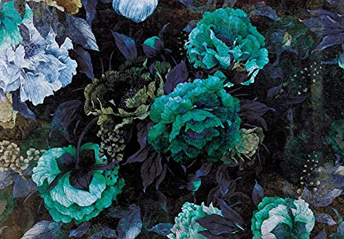 Forwall Fototapete Blumen Retro türkis Pfingstrosen Vintage Dunkel Wohnzimmer Schlafzimmer Vlies Tapete Wandtapete UV-Beständig Hohe Auflösung Montagefertig (13532, V8 (368x254 cm) 4 Bahnen)
