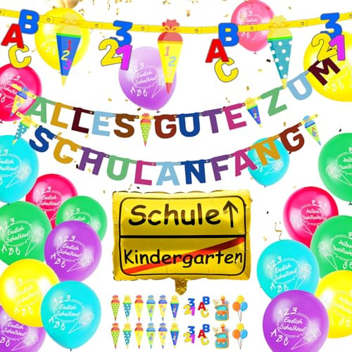 Humairc Einschulung Schulanfang Deko Alles Gute zum Schulanfang Girlande Schultüte Banner Luftballon Folienballon Konfetti Einschulungsfeier Dekoration