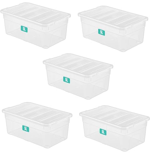 Optimal Products 5 x 5 Litre Clear Plastic Storage Box With Lids UK BRITISH MADE Home Office Stackable Nestable Transparent Plastic Boxes, Size 5,11,24,28,35,45,62 Litre