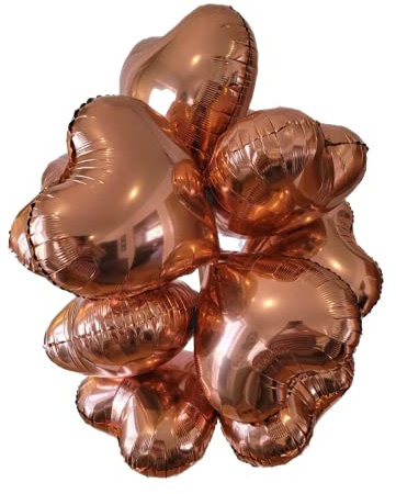 Rose gold heart shaped balloons 18 inch, 10 pieces with ribbon, baby shower, valentines, wedding, bridal, engagement, birthday party, hen's, helium or air, shiny, metallic, graduation, girls,love