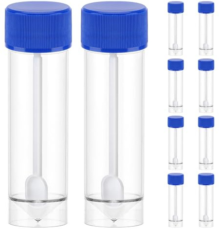 VILLCASE 10pcs Plastic Specimen Cup, 25-30ml Stool Sample Cups with Spoon Lid and Spoon, Clear Liquid Sample Container for Laboratory Medical