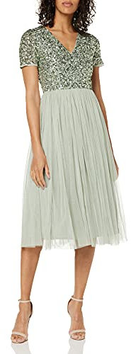Maya Deluxe Damen Midi-Kleid mit V-Ausschnitt, Verziert Brautjungfernkleid, Grüne Lilie, 42