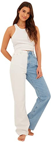 NA-KD Mezclilla Recta de Dos Colores Jeans, Blanco/Azul, 42 para Mujer