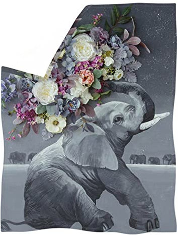 UOIMAG Elefanten-Decke mit Blumenmuster für Frauen und Mädchen, Elefanten-Decken, Bettüberwürfe, grauer Elefant, Sofa-Decke für Zuhause/Büro/Wohnheim – 3XL