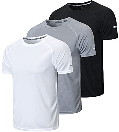 HUAKANG 3 Pack T Shirts Men Breathable Sport Shirts Cool Dry Running Tops Short Sleeve Gym Tops for Men(520 Black Grey White-L)