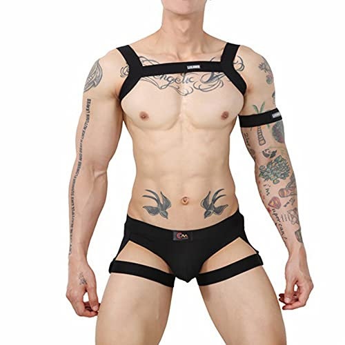 YiZYiF Herren Körper Brust Geschirr Harness Riemen Brustgurt Ouvert Slip mit Metall Ring Set Sexy Unterwäsche Nachtclub Party Accessoires B_Schwarz M