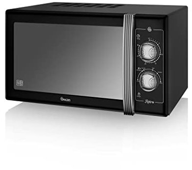 Swan SM22070LBN Retro Manual Microwave with Glass Turntable, 6 Power Levels, Defrost Setting, 25L, 900W, Black, Energy Class E