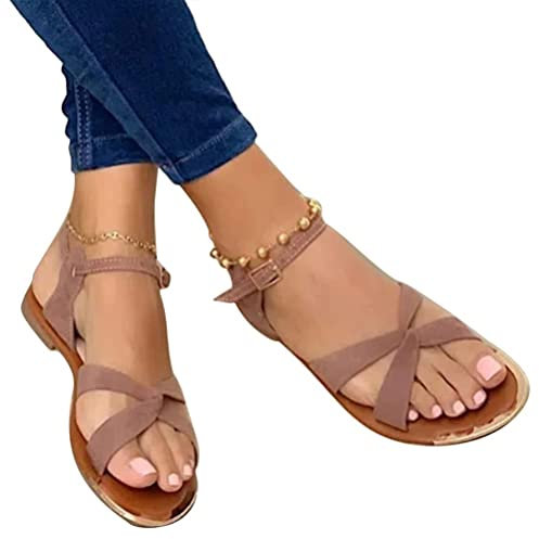 ORANDESIGNE Sandales Plates Femmes Chaussures Été Confortable à Talons Plats Nu Pieds Mode Tongs Plages Claquettes Semelle Matelassée Bout Ouvert Tressée G Kaki 38 EU